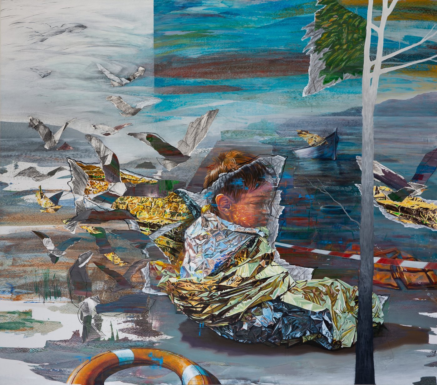 Georgios Staikos, A Stranger, 2024–2026 — Charcoal, acrylic, oil and canvas collage on canvas