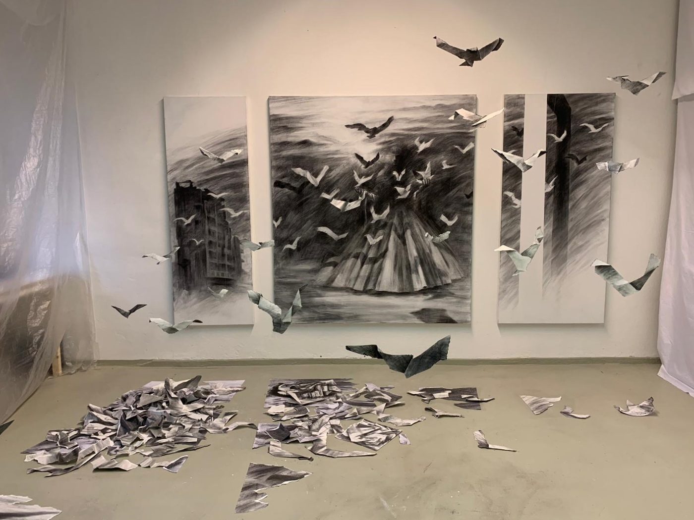 Georgios Staikos, Exodus, 2023 — Charcoal on canvas and paper, torn and constructed paper
