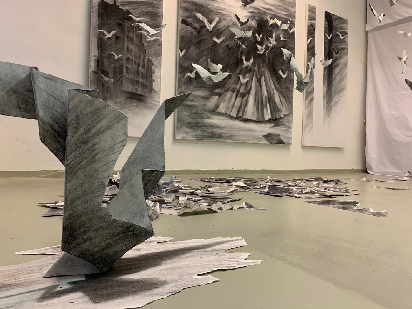 Georgios Staikos, Exodus, 2023 — Charcoal on canvas (triptych: 170 × 60, 170 × 150, 170 × 80 cm), charcoal on paper, torn and constructed paper