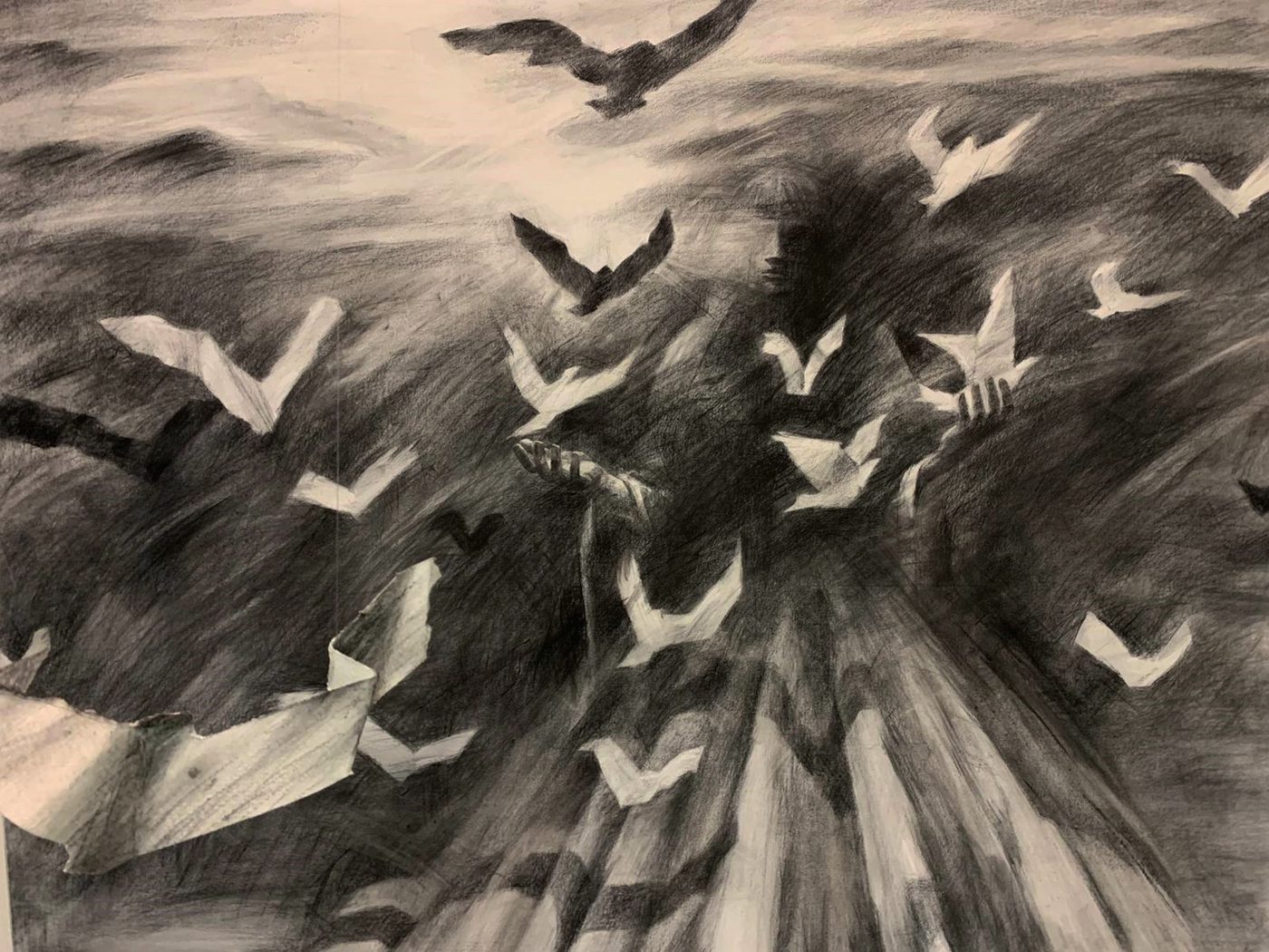 Georgios Staikos, Exodus, 2023 — Charcoal on canvas (triptych: 170 × 60, 170 × 150, 170 × 80 cm), charcoal on paper, torn and constructed paper