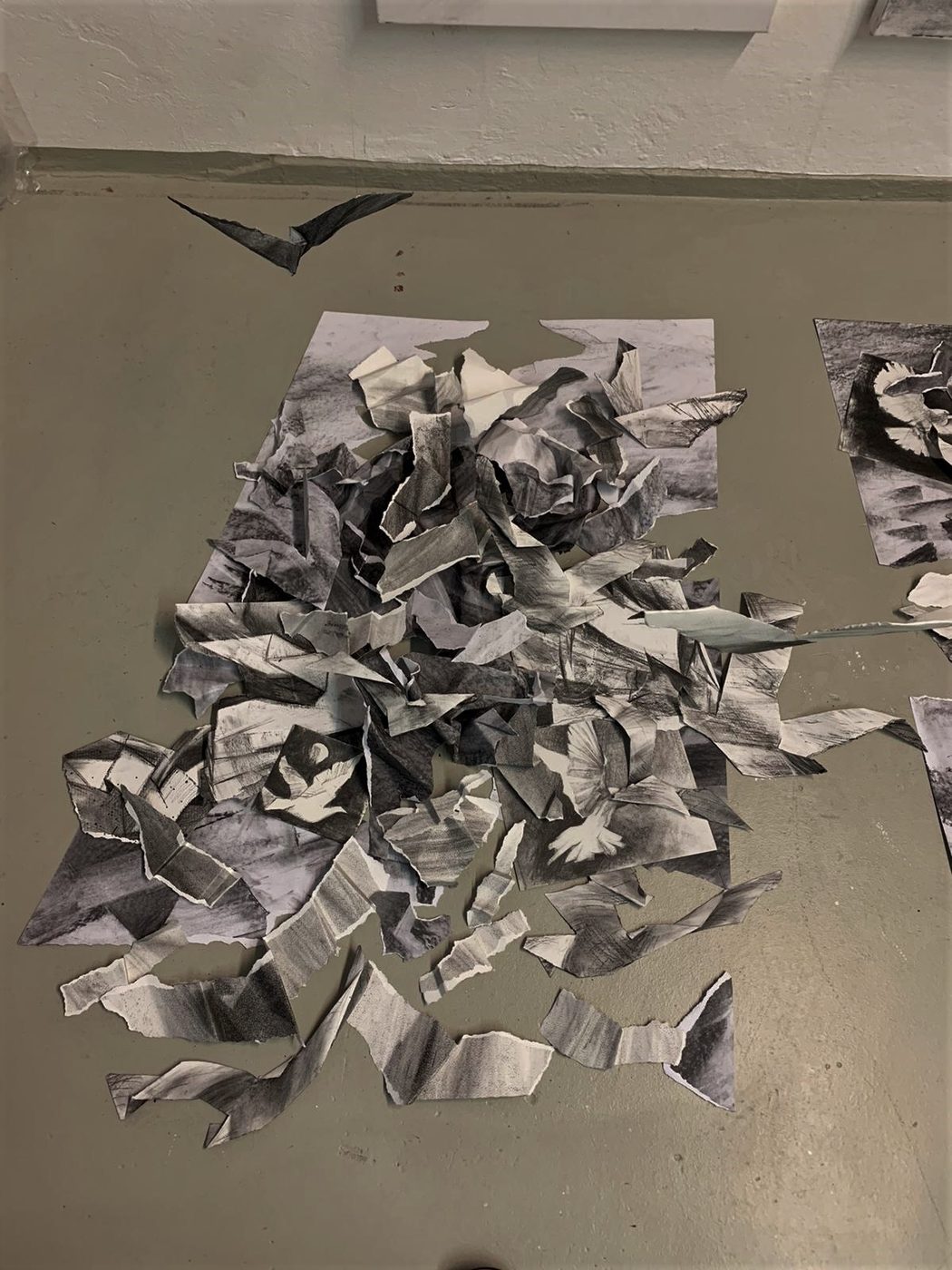 Georgios Staikos, Exodus, 2023 — Charcoal on canvas (triptych: 170 × 60, 170 × 150, 170 × 80 cm), charcoal on paper, torn and constructed paper