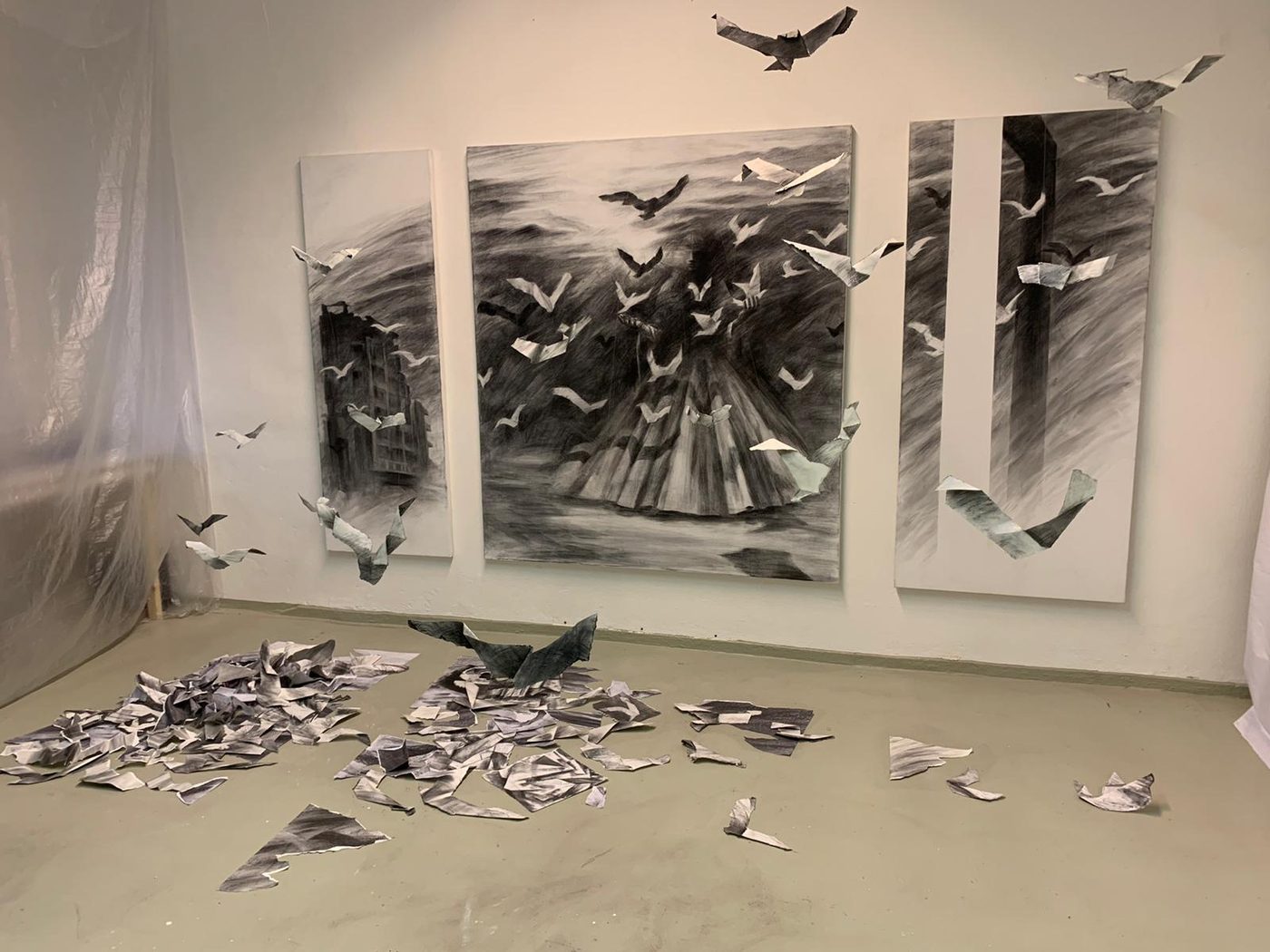 Georgios Staikos, Exodus, 2023 — Charcoal on canvas (triptych: 170 × 60, 170 × 150, 170 × 80 cm), charcoal on paper, torn and constructed paper