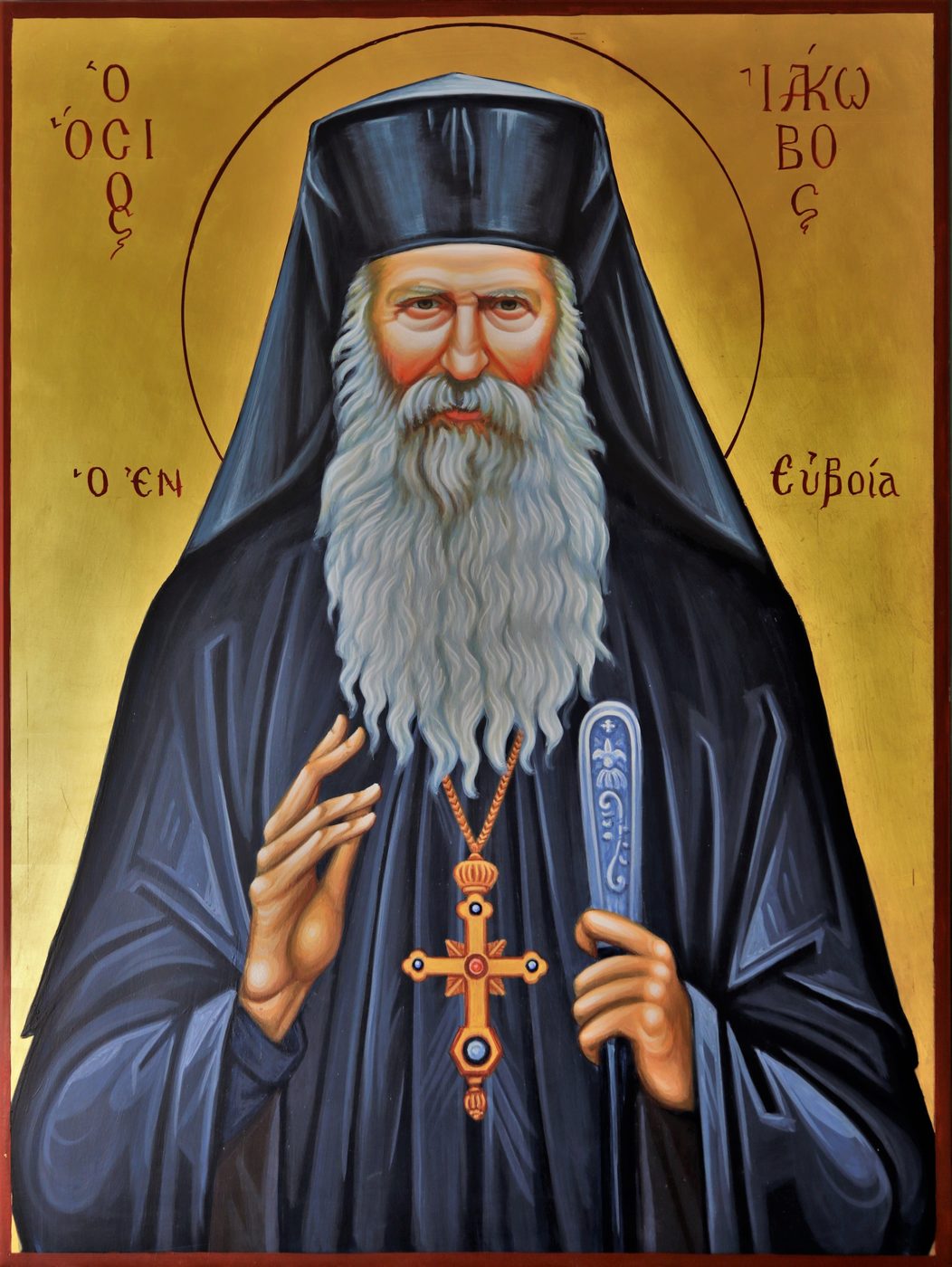 Georgios Staikos, St Iakovos of Evia, 2023 — Pigments and gold leaf gilding on wood panel