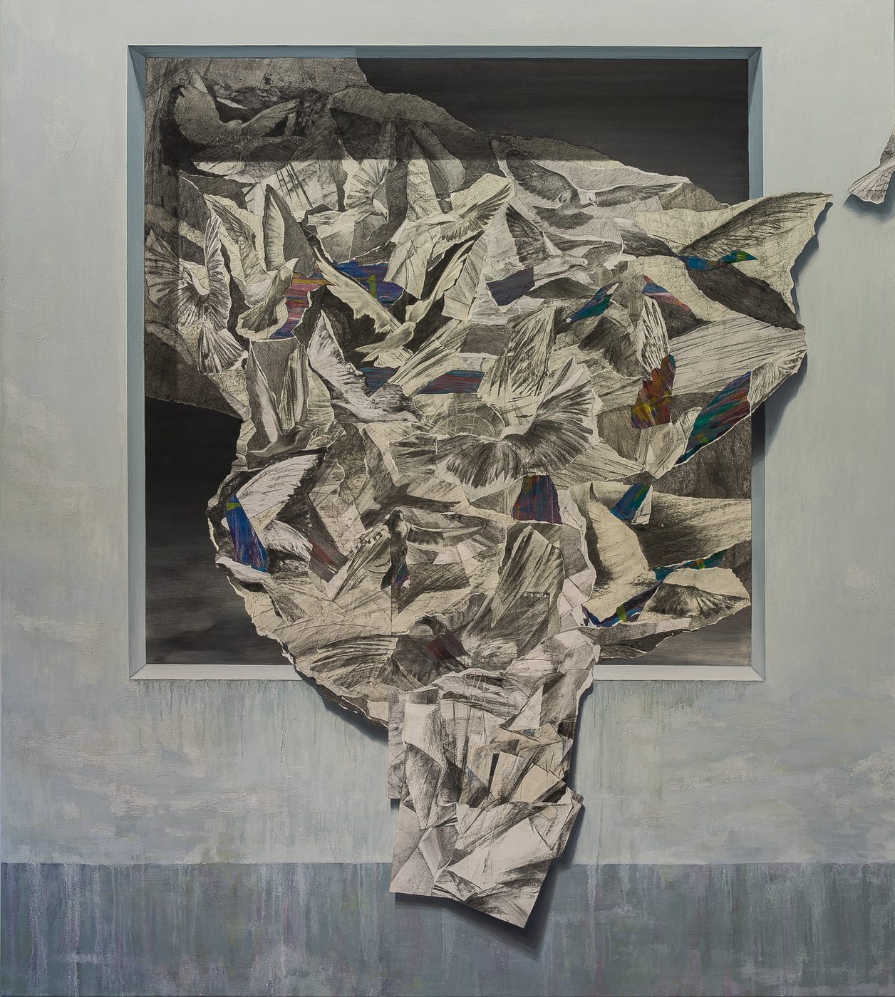 Georgios Staikos, Passage, 2024 — Collage, charcoal on paper, acrylic and oil on canvas